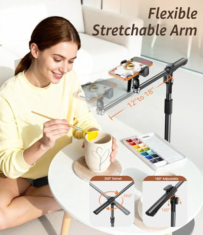 Overhead Phone Stand for Video Recording, Floor Stand Heavy Duty 360° Adjustable Boom Arm Phone Mount with Weighted Base for Cooking, Craft, Drawing, Live Streaming, Compatible with iPhone & Android
