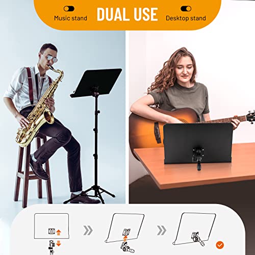 CAHAYA 5 in 1 Heightened Dual-use Sheet Music Stand & Desktop Book Stand Metal Portable Solid Back with Height Adjustable from 31.4-67in Including Carrying Bag, Sheet Music Folder & Clip CY0304 - color: Black, size: Higher Version