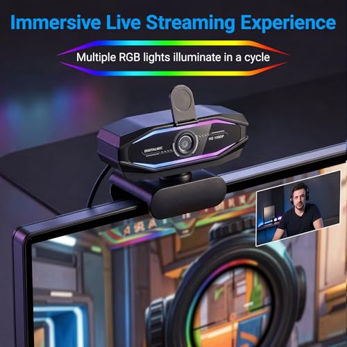 HD 1080P Gaming Webcam with Microphone,Streaming Camera Web Cam with RGB Light,Noise Cancellation, Privacy Cover,Plug and Play,Computer Camera for Desktop/Laptop,Video Calls/Conferencing/Streaming