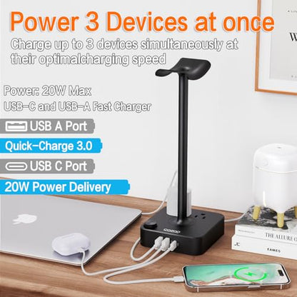 COZOO Headphone Stand with USB Charger Desktop Gaming Headset Holder Hanger with 3 USB Charging Station and 2 Outlets Power Strip,Suitable for Gaming, DJ,Wireless Earphone Display, Gamer Gifts for Men - color: 1.Black(PD & QC3.0)