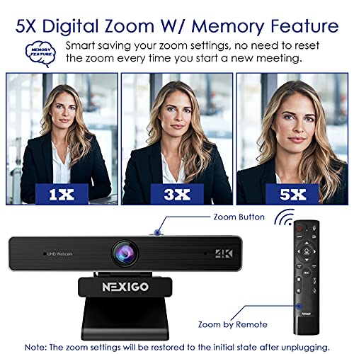 Zoom Certified, NexiGo N950P (Gen 2) 4K Zoomable Webcam, RF Remote, Sony_Starvis Sensor, 5X Digital Zoom, Pro Web Camera with Dual Stereo Mics - style: 4K Webcam with Remote