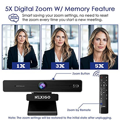 Zoom Certified, NexiGo N950P (Gen 2) 4K Zoomable Webcam, RF Remote, Sony_Starvis Sensor, 5X Digital Zoom, Pro Web Camera with Dual Stereo Mics - style: 4K Webcam with Remote
