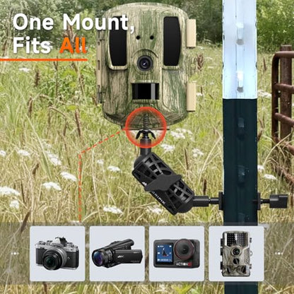 T Post Trail Camera Mount, T-Post Trail Camera Holder with 360° Adjustable Ball Head, Tool-Free 1/4"-20 Game Camera Mounting Bracket for Hunting, Wildlife, Farm Security, 4 Packs