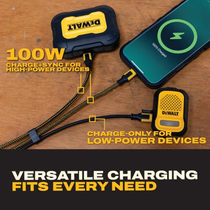 DEWALT 100W Smart USB-C to USB-C Splitter – Data Transfer & Fast Charging, 1-to-3 Output, Kevlar Reinforced, 6ft Heavy-Duty for Laptop, MacBook, iPad, Android, Samsung, iPhone, Works w/Carplay