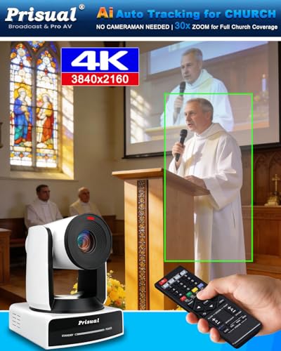 Prisual Ultra 4K PRO NDI PTZ Camera Gen 5, 30x Optical Zoom, 1/1.8" UHD CMOS 8.42MP, 4K 60P AI Tracking, HDMI SDI USB3.0&2.0 for Church, Freed Support(Official NDI 6 & NDI HX3 Certified)TEM-4K30N PRO - color: White