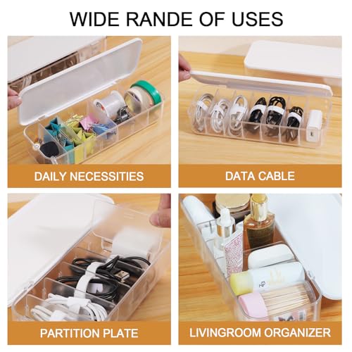 Cable Organizer Box with 7 Wire Ties and 6 Magnetic Cable Clips, Desktop Cord Management Box with Dividers and Lid for Home Office Storage – White - size: 1-Pack