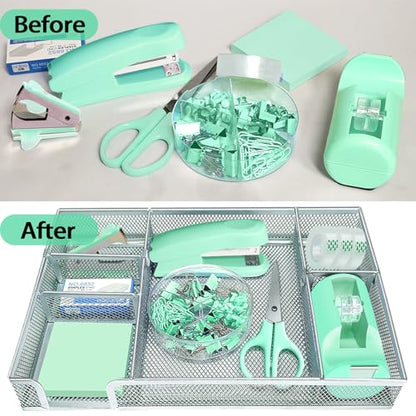 Green Office Desk Accessories, Green Office Supplies Set, Desk Drawer Organizer,Stapler and Tape Dispenser Set,Tape,Staple Remover, Staples, Paper Clips, Scissor and Sticky Note - color: Green