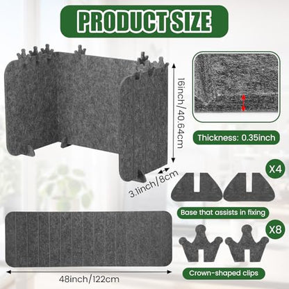 Foldable Felt Desk Privacy Panel 16 x 48 Inches, Acoustic Partition, Noise Reducing Desk Divider, Privacy Table Screen with 4 Bases & 8 Mini Crown Clips for Open Workspace Office Home