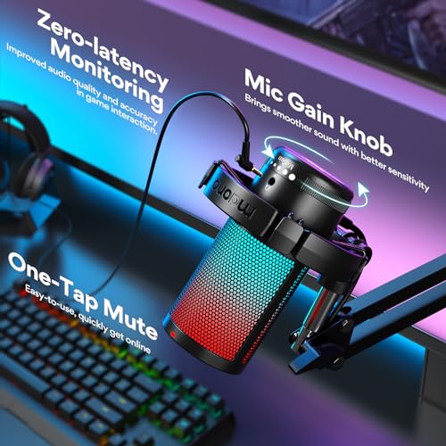 MAONO Gaming USB Microphone, Noise Cancellation Condenser mic with Mute, Gain, and Monitoring, Boom Arm for Streaming GamerWave DGM20S (Renewed)