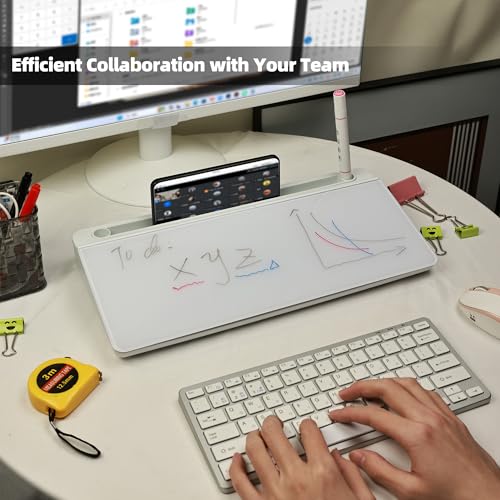 Desktop Whiteboard, Glass Dry Erase Board, Desk Board Buddy,Computer Keyboard Stand,Desk Whiteboard Organizer for Home,Office,School Supplies(White) - color: White