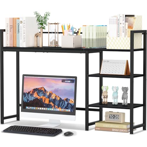 Snughome Desk Shelf, 44.9" Large Desktop Organizer Shelf, Desk Hutch for Monitor, 4 Tier Display Rack, Wooden Desktop Bookshelf Storage Rack for Home Office Dorm - color: Black, size: 44.9"