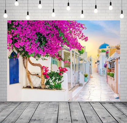 10x6.5ft Fabric Greece Backdrop for Photography Greek Island Whitewashed Blooming Flowers Alley Oia Street Background for Europe Themed Party Decor Birthday Wedding Photo Studio Props - size: 10x6.5FT