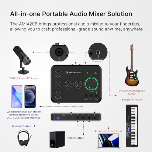 NearStream Audio Interface for Recording, Streaming, Podcasting, Rechargeable Audio Mixer with Pro-preamp, 8 Channel, XLR, 48V Phantom Power, Line & DI Inputs, Bluetooth, for PC & Smartphone (AMIX20B)