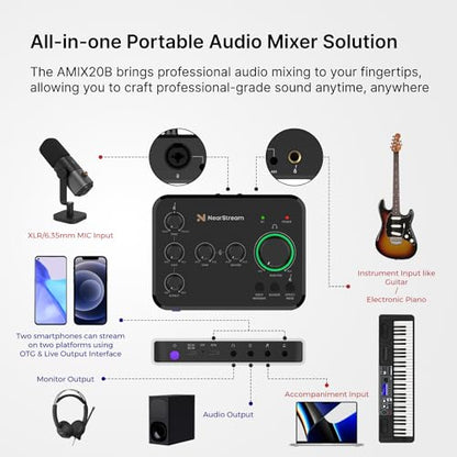 NearStream Audio Interface for Recording, Streaming, Podcasting, Rechargeable Audio Mixer with Pro-preamp, 8 Channel, XLR, 48V Phantom Power, Line & DI Inputs, Bluetooth, for PC & Smartphone (AMIX20B)