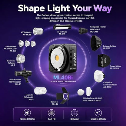Godox ML40Bi Bi-Color LED Video Light, Portable COB Photography Light with Built-in Battery, 2800K-6500K, 28,000 Lux with ML-L10 Reflector, CRI/TLCI 96, 11 FX Effects, USB-C Charging, App/NFC Control