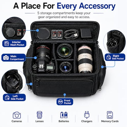 eCostConnection Extra Large Camera Bag Fully Padded Gadget Case with Dual Buckles for Sony,Nikon, Canon, Olympus, Pentax, Panasonic, Samsung & Many More SLR Cameras & Camcorders, Black - style: E) X-large
