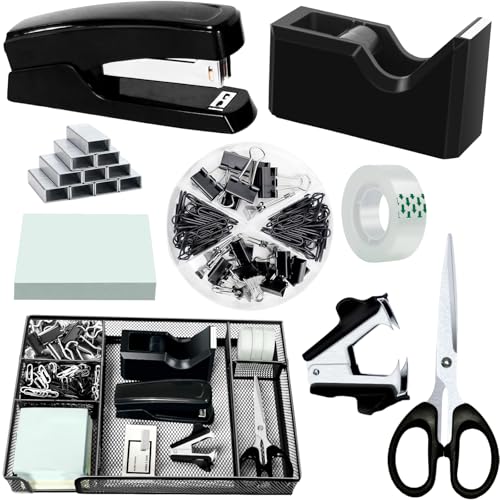 Black Office Desk Accessories, Black Office Supplies Set, Desk Drawer Organizer,Stapler and Tape Dispenser Set,Tape,Staple Remover, Staples, Paper Clips, Scissor and Sticky Note - color: Black