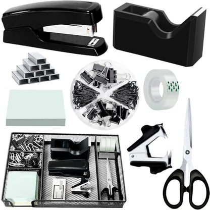 Black Office Desk Accessories, Black Office Supplies Set, Desk Drawer Organizer,Stapler and Tape Dispenser Set,Tape,Staple Remover, Staples, Paper Clips, Scissor and Sticky Note - color: Black