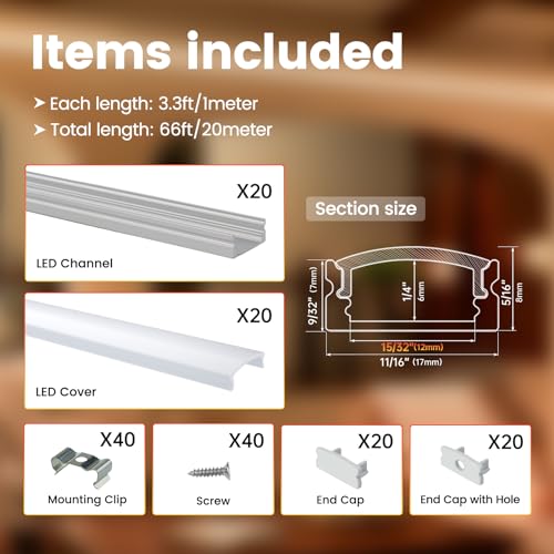 Muzata 20Pack 3.3FT/1M LED Channel Aluminum U Shape Silver LED Strip Diffuser Channel with Milky White Cover Easy Installation U1SW WW 1M - size: 20Pack