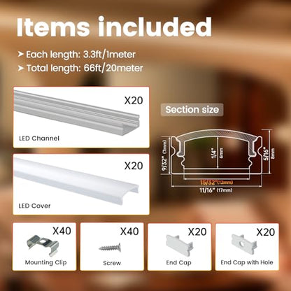 Muzata 20Pack 3.3FT/1M LED Channel Aluminum U Shape Silver LED Strip Diffuser Channel with Milky White Cover Easy Installation U1SW WW 1M - size: 20Pack