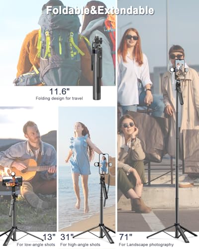 Yeaki 71" Phone Tripod,Tripod for iPhone with Fill Light and Rechargeable Remote,Aluminum Selfie Stick Phone Stand Compatible with Cell Phone/Camera/Ring Light/DJI/GoPro - size: 71 inches