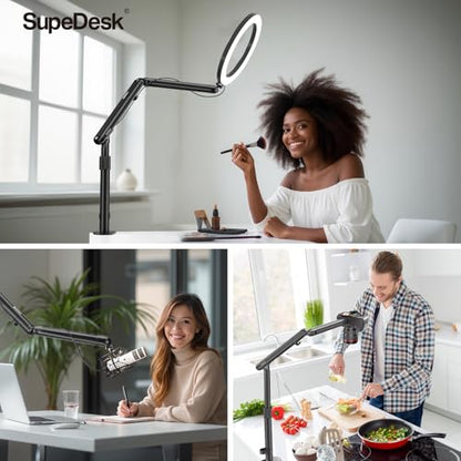 SupeDesk Overhead Camera Mount, Adjustable Desk Mount with Flexible Aluminum Spring Arm, 360° Ball Head, 1/4" 3/8" Screw & Phone Clamp for DSLR Cameras, Light, Heavy Microphones, and Smartphones