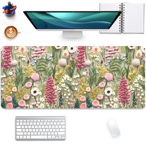 Embroidered Flower Wildflower Embroidery 3D Pattern Mouse Pad Desk Pad,Stitched Edges Non-Slip Waterproof Rubber Base Mous Mat for Office,Computer,Keyboard,Laptop and Home Desk Pad(27.5X11.8 in) - color: Embroidered Flower