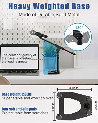Desktop Microphone Stand, Adjustable Mic Stand with Boom Arm, Mic Clip Holder and 3/8" to 5/8" Screw Adapter for Dynamic Microphone and Blue Snowball, Blue Yeti, Kick Drums, Guitar Amps