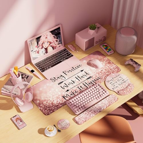 Desk Mat Set + Keyboard and Mouse Pad with Wrist Rest Support,4-in-1 Large Mousepad Computer Mats for Desktop Home & Office-Glitter Pink - color: B1-Glitter Pink