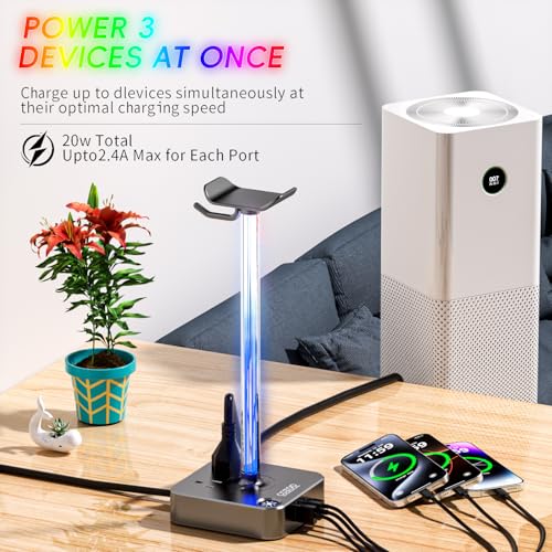 cozoo Gifts for Gamer Men All-in-One RGB Headset Stand & Charging Station | 3 USB Ports, 2 Outlets, Metal Space Gray | Gaming Equipment, Game Room Setup, Christmas Gifts for Him,Teen Boys,Tech Lovers - color: Gray - RGB