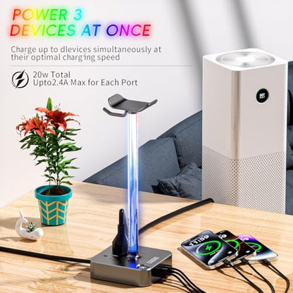cozoo Gifts for Gamer Men All-in-One RGB Headset Stand & Charging Station | 3 USB Ports, 2 Outlets, Metal Space Gray | Gaming Equipment, Game Room Setup, Christmas Gifts for Him,Teen Boys,Tech Lovers - color: Gray - RGB