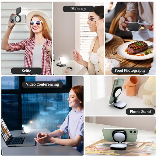 Magnetic Selfie Light Compatible with MagSafe for iPhone – Rechargeable LED Fill Light with Mirror, CRI≥95, 5 Color Temps, Foldable Ring Light - color: Black-2