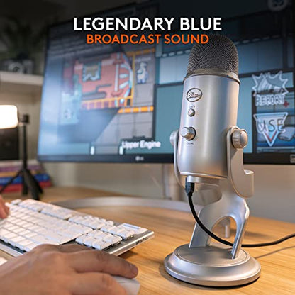 Logitech Creators Blue Yeti USB Microphone for PC, Mac, Gaming, Recording, Streaming, Podcasting, Studio and Computer Condenser Mic with Blue VO!CE Effects, 4 Pickup Patterns, Plug and Play - Silver | Tri-Capsule Condenser USB Mic, 4 Pickup Patterns, Bidi