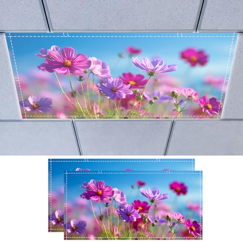 Nuxovilar 2 pack Magnetic Light Covers Pink Purple Flower Field Polyester 4x2 Feet Office Light Covers Decor for Home Office Lounge - color: Mi07820-2pcs