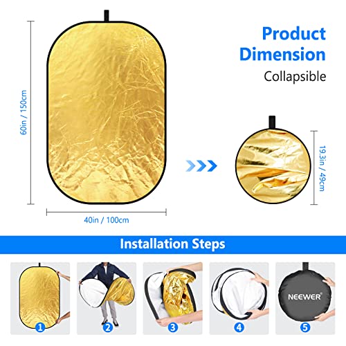 NEEWER 40"x60"/100x150cm Light Reflectors for Photography, Portable 5 in 1 Collapsible Multi Disc with Bag - Translucent, Silver, Gold, Black, White Diffuser for Studio and Outdoor Lighting - size: 40" x 60"