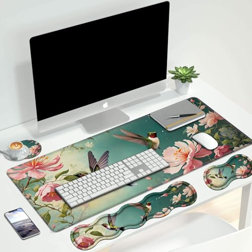 4 in 1 Ergonomic Keyboard Wrist Rest & Mouse Pad Wrist Rest Set, Large XXL Gaming Desk Mat 31.5"x 11.8" with Non-Slip Base, Memory Foam for Home Office Study Gaming, Hummingbird Flowers - color: Hummingbird Flowers