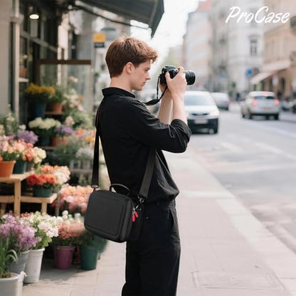 ProCase Hard Shell Digital Camera Case for Canon Rebel T7/EOS R100/R50/DSLR/SLR/Nikon/Sony/Mirrorless, Padded Travel Bag with 1 Shoulder Strap and 3 Adjustable Dividers Fathers Day Gift -Black - color: Black