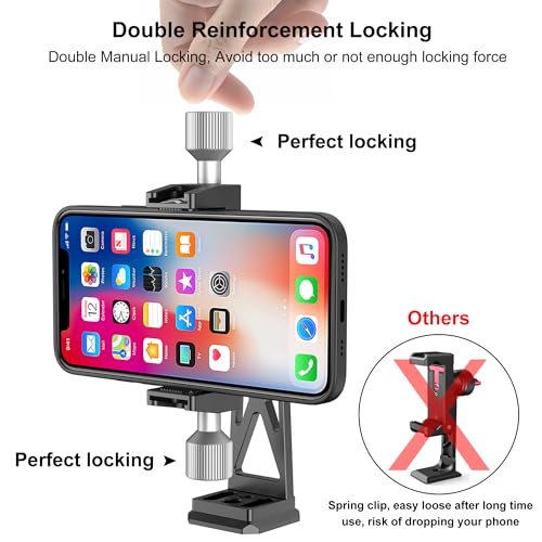 Metal Phone Tripod Mount Extra Deep Clamp with Arca Port Cold Shoe 360°Ball Head Cellphone Tripod Adapter for iPhone Galaxy Smartphone Stand Holder for Vlogging Video Camera Monitor