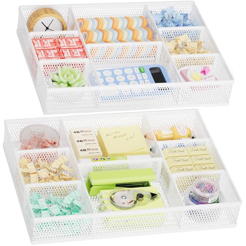 Marbrasse 2 Pack Desk Drawer Organizer, Mesh Drawer Organizer Tray with 8 Adjustable Compartments, Desk Organizers and Accessories, 5 Dividers for Office Supplies, Makeup & Vanity (White) - color: White