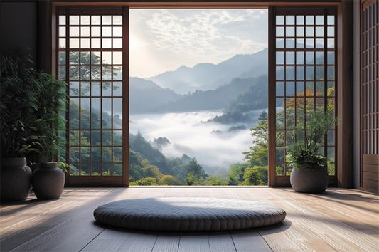 Fabric 6x4ft Japanese Garden Backdrop for Photography Tatami Japan Room Misty Mountain Forest Window View Background Video Calls Wallpaper Indoor Party Decorations Photo Banner Props - color: B, size: 6x4ft(WxH)