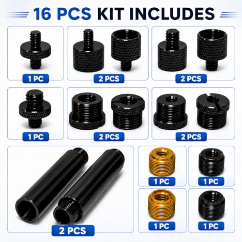 16 Pack Mic Stand Adapter Screws with Extension Tube, Microphone Stand Adapter Kit, Black Aluminum Alloy, 5/8 to 3/8, 3/8 to 5/8, 1/4 to 5/8 Threaded Mount for Mic Boom Arm, Tripod & Fill Light