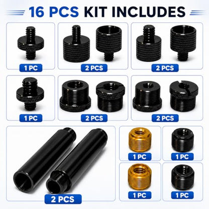 16 Pack Mic Stand Adapter Screws with Extension Tube, Microphone Stand Adapter Kit, Black Aluminum Alloy, 5/8 to 3/8, 3/8 to 5/8, 1/4 to 5/8 Threaded Mount for Mic Boom Arm, Tripod & Fill Light