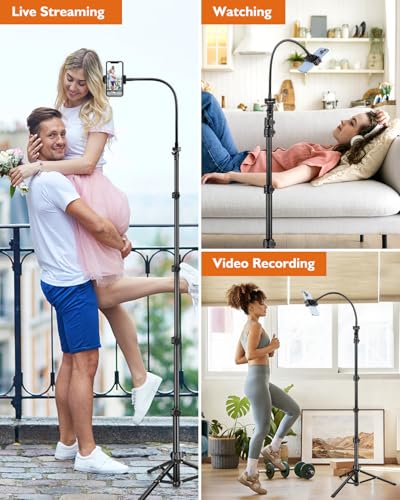 Phone Tripod, 85" Tall Tripod for iPhone with Remote, Gooseneck and Phone Holder, Overhead Phone Stand for Video Recording Watching Cooking Fitness Vlog, Compatible with iPhone Android, Black - size: 85 inch
