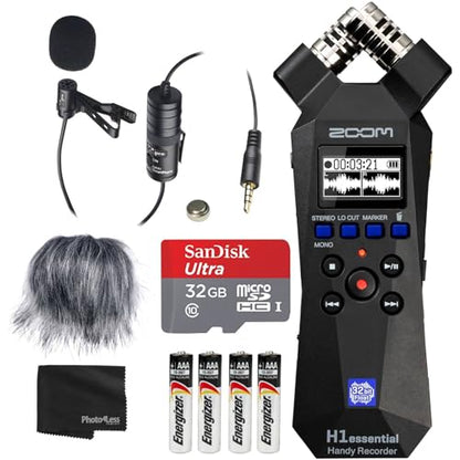 Zoom H1essential Handy Recorder Bundle with Professional Lavalier Condenser Microphone, 32GB microSDHC Card, Furry Microphone Windscreen, 4 AAA Alkaline Batteries, and More!
