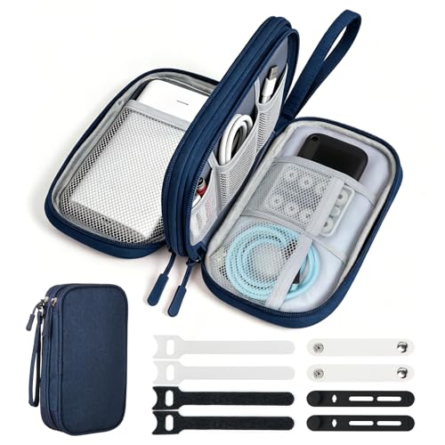Travel Essentials Electronics Organizer, Double Layers Cable Organizer Bag for 3ft+ Cords, Waterproof Tech Pouch for Charger, Phone & Airplane Gadgets, Navy Blue - color: Navy Blue, size: Small