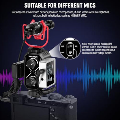 NEEWER MM02 Dual Channel Microphone Audio Mixer Adapter with 3.5mm TRS Cable, Stereo/Mono Switch, Cold Shoe Mounts for DSLR Camera, Smartphones, Wireless Mic Receiver, Video Recording Interview Mic - style: MM02