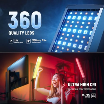 NEEWER Photography RGB Light Stick Kit, 2 Pack LED Video Tube Lights w/Stands, Diffusers, 3250Lux Dimmable Light Wand 2500-10000K CRI95+/TLCI97+ APP/2.4G/Panel Control for Live/Videos/Vlog, BH20C