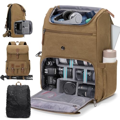 RAINSMORE Camera Bag Backpack for DSLR/SLR Mirrorless 15.6 Inch Laptop Camera Back Pack for Photographers Anti-Theft Photography Bags Case with Tripod Holder & Rain Cover, Khaki - color: Khaki