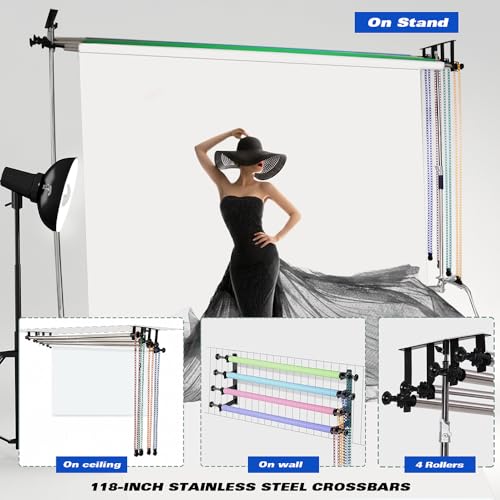 MagicLine Photography Backdrop 4 Roller Support System, 118 inch Stainless Steel Crossbars Manual Backdrop Stand,Wall/Ceiling/Light Stand Mount Background Holder for Home & Studio(Stability)