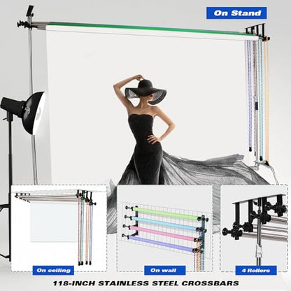 MagicLine Photography Backdrop 4 Roller Support System, 118 inch Stainless Steel Crossbars Manual Backdrop Stand,Wall/Ceiling/Light Stand Mount Background Holder for Home & Studio(Stability)
